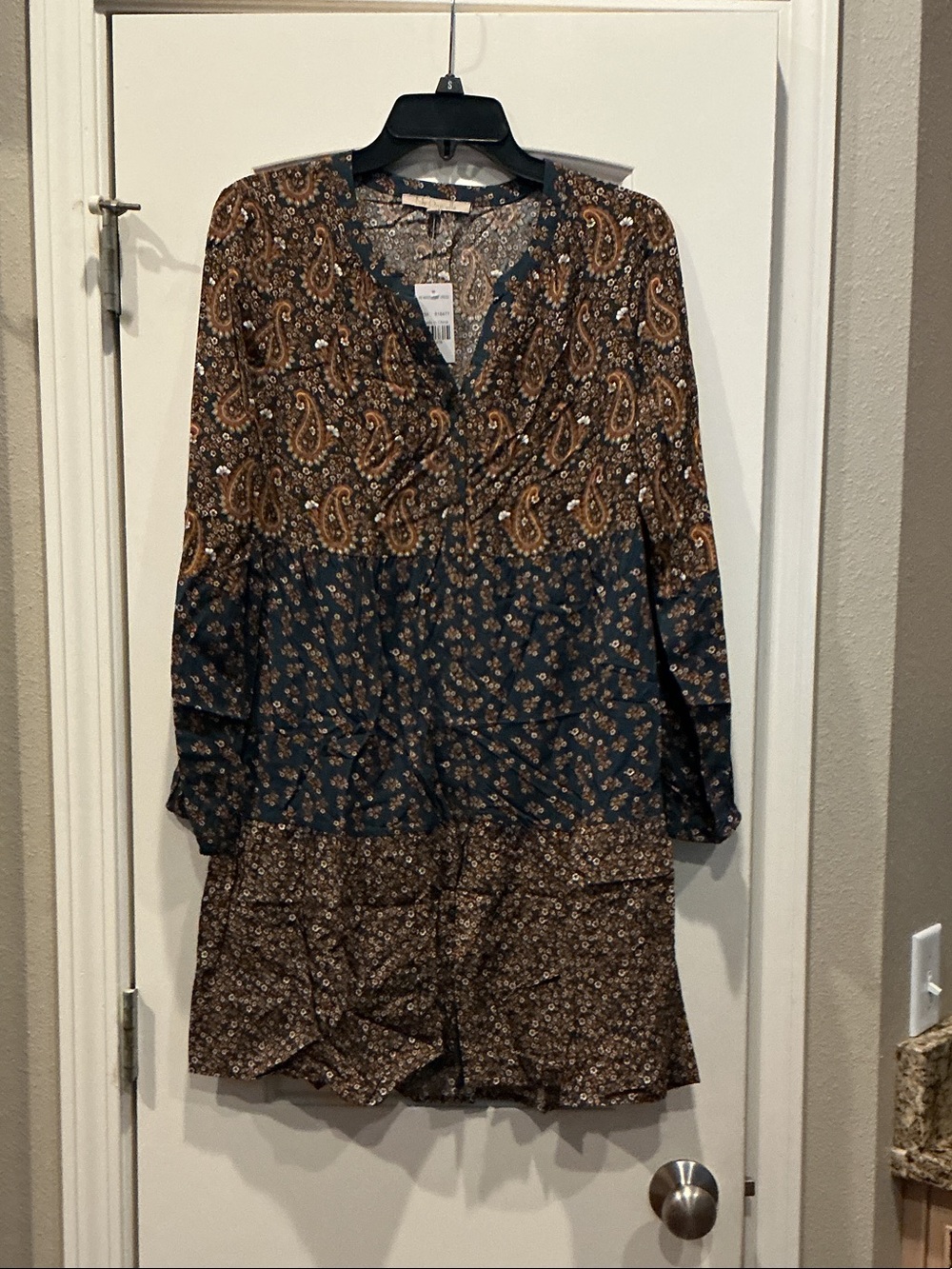 Bohemian Paisley Tiered Long-Sleeve Dress in Brown & Navy